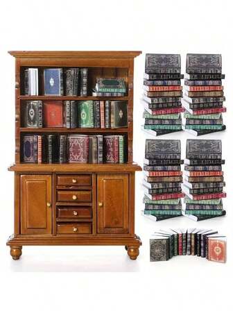 1 Set 1:12 Scale Miniature Dollhouse Books, Anti-Anxiety Small Gift, Dollhouse Bookshelf Storage Cabinet With Open Shelves And Drawers - Miniature Collector's Items, DIY Dollhouse Scene, Doll Furniture, Collector's Accessories, High-Quality Craftsmanship, Durable Construction, Decorative Shelves, Essential For Hobbyists, For Mini Library Bedroom Decor, Home Decor, Office, Dorm, Halloween Decor, Holiday Decor, Perfect Gift For Women And Men (Includes 60 Small Books)