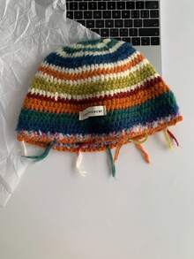 1件秋冬季美拉德撞色蝴蝶结条纹波点手工钩针编织帽，大头围深帽冠，加厚保暖，适合冬季，百搭彩虹条纹针织渔夫帽，女士款。 - pipi標混彩 - 查看 11