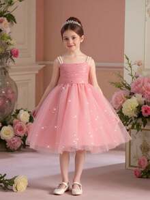 Elegant Sleeveless Pleated Mesh Backless Bow Dress For Young Girls, Suitable For School Dance, Birthday Party, Does Not Include Headband - 藕粉色 - 查看 4
