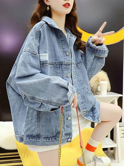 デニムジャケット 春秋 レディース デニムアウター ターンダウンカラー ボタン 長袖 ドロップショルダー ポケット付き ルーズスタイル ゆったり カジュアル 快適 シンプル おしゃれ クール 合わせやすい