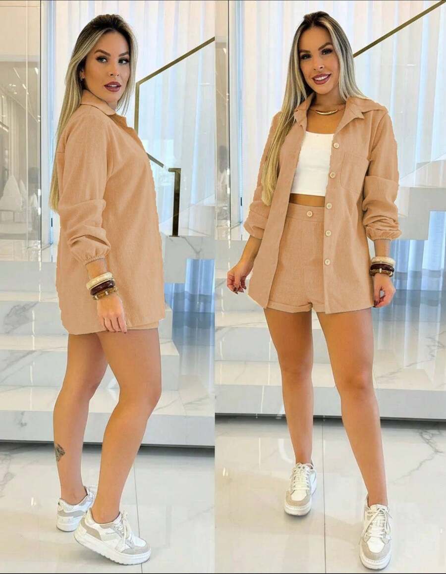 Linen Shirt And Shorts Set - Ginger - View 1