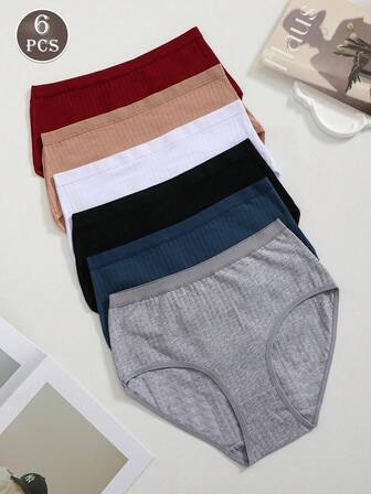 6Pcs Women Briefs Knickers Underwear Panties Solid Color Basic Intimates Breathable Comfort Pants Casual Brief Comfortable Fashionable Underpants Sexy Soft Fabric Panty Daily Fitness