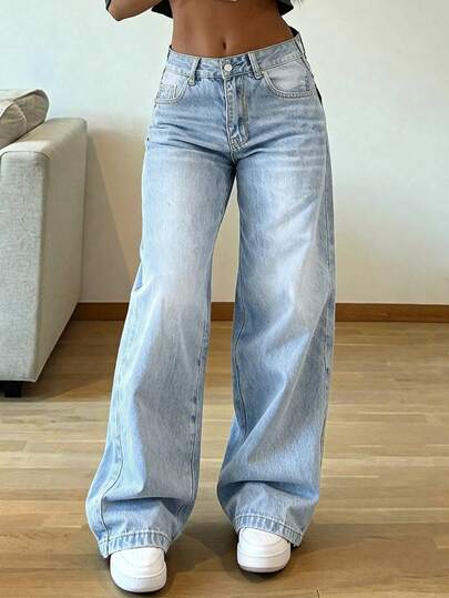 Damen Vintage Loose Stacked Straight Leg Jeans Casual Frühling
