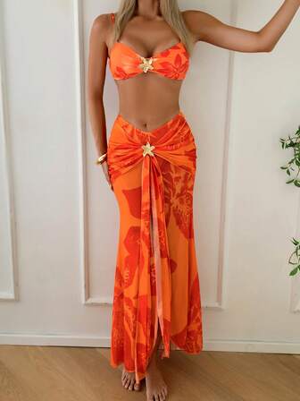 New European & American Style 3 PiecesMesh Beach Maxi Dress, Fashionable Printed Sexy Beach Resort Bikini Swimsuit