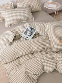 棕色格子图案柔软舒适床上用品套装，包含1个被套、2个枕套、1个床单（不含填充物），适合宿舍、卧室、家庭使用，多种尺寸可选 - 棕色 - 查看 5