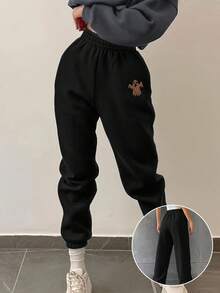 Pantalón deportivo informal de poliéster para mujer con cintura elástica – Color liso, cómodo pantalón deportivo para primavera/otoño, detalle estampado de Halloween – Ropa deportiva para adultos - Café integral - Ver 1