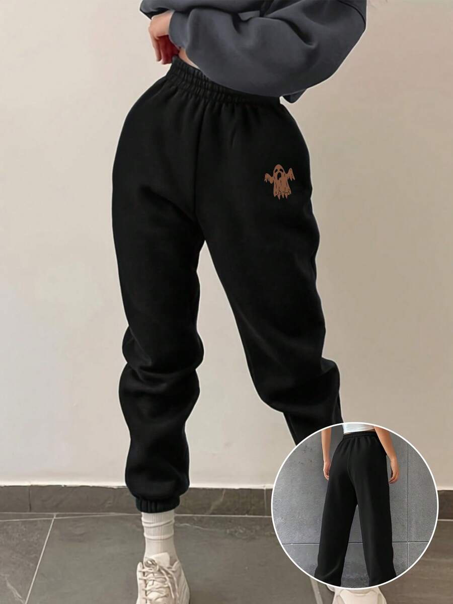 Pantalón deportivo informal de poliéster para mujer con cintura elástica – Color liso, cómodo pantalón deportivo para primavera/otoño, detalle estampado de Halloween – Ropa deportiva para adultos - Café integral - Ver 1