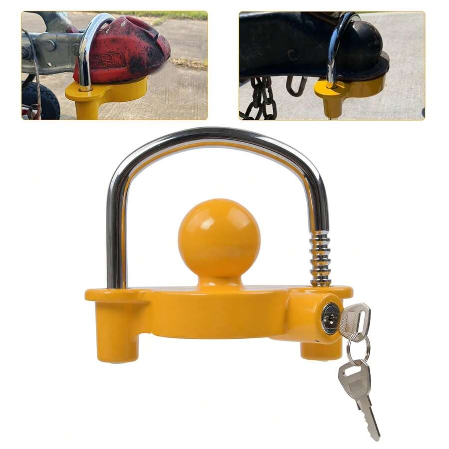 Trailer Hitch Lock 50mm Tow Ball Towing Bar Security Coupling Adjustable 2 Keys - Yellow - View 1
