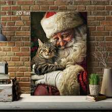 Arte en lienzo con marco de madera de Santa Claus y Tabby - Decoración de pared clásica con santo blanco, beso lindo, póster navideño pre-montado para el hogar, dormitorio, baño - Reutilizable todo el año (sin herramientas necesarias), plano 2D, decoración - Multicolor - Ver 6