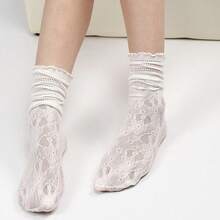 2 Pairs Women's Mid-Calf Socks With Ruffle Trim, Floral Lace, And Hollow Out Design, Fall Socks - trắng - Xem 3