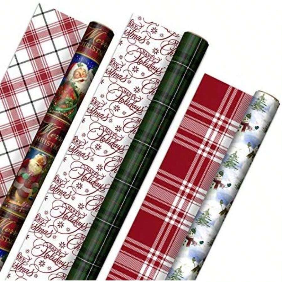 Hallmark - Papel de regalo de Navidad reversible (3 rollos: 120 m2 ft. ttl) Adornos retro, rayas, lunares, muñecos de nieve, rojo sólido y verde(Rojo) - Multicolor - Ver 1