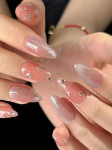 10pcs Pink Cat Eye Almond Shaped Handmade Press-On Nail Stickers, Pink Nails, Shiny Cat Eye, Solid Color Nails, Handmade False Nails, Decorated With 3D Rhinestones, Suitable For Girls And Women For Daily Wear, Weddings, Holidays, School, Parties, Nail Decor, Includes Gel And Nail File. Nail Supplies - Baby Pink - View 6