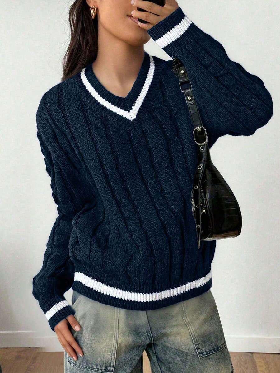 1 buah Atasan Kasual Serbaguna Nyaman Leher V untuk Anak Perempuan, Cocok untuk Aktivitas Luar Ruangan, Perjalanan, Pesta, Musim Gugur/Dingin - Navy Blue - View 1