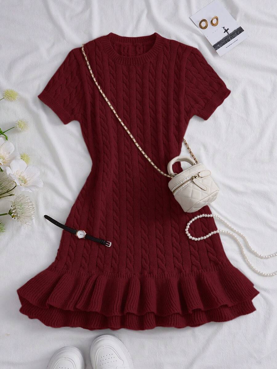 Women's Cute Retro Solid Color Round Neck Short Sleeve Ruffle Hem Fitted Textured Knit Dress, Minimalist Style, Suitable For Casual Daily Wear, Summer & Autumn, Also Applicable For Christmas, Valentine's Day, New Year And Other Holidays