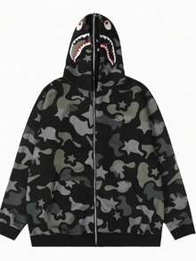 American High Street Double Hat Camouflage Hooded Sweater Zip Cardigan Teen Spring And Autumn Shark Jacket Men And Women - 綠色 - 查看 3