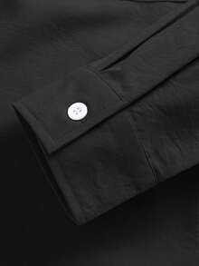 Voidago Men's Solid Color Fabric Comfortable Breathable Material Polo Collar Double Pocket Loose Long Sleeve Shirt, Contrast Color Drawstring Decor - Black - View 8