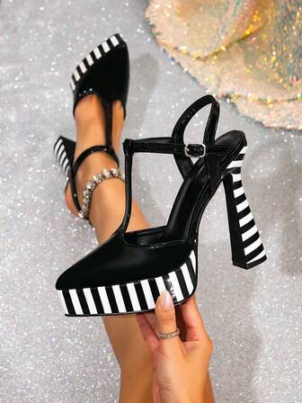 2026 Spring/Summer New Pointed Toe Waterproof Platform Shoes, Thin Heel Strap Buckle Backless Extra High Heel Sandals, Black & White Striped Fashion Party Dress Shoes