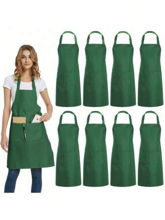 1/2/6pcs Unisex Bib Style Apron With 2 Pockets, Breathable Kitchen Cooking Grilling Apron, Machine Washable, Suitable For Crafts And Painting - Solid Color