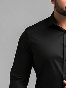 Plus Size Men's Solid White Shirt, New Classic White Long Sleeve Shirt, Elegant Shirt Top For Autumn - Black - View 4