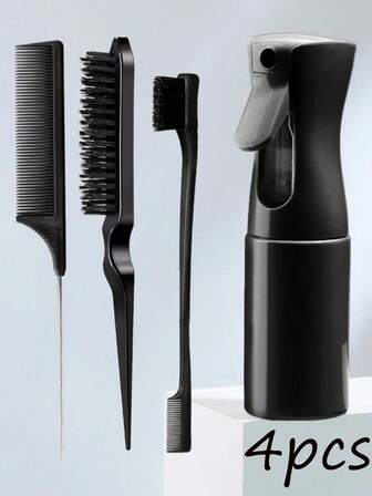 四件套美发造型工具套装，包含一把蓬松梳、一把眉刷、一把挑染工具、一把尖尾梳、一把造型梳和一个200毫升喷雾瓶，适合居家和旅行使用。