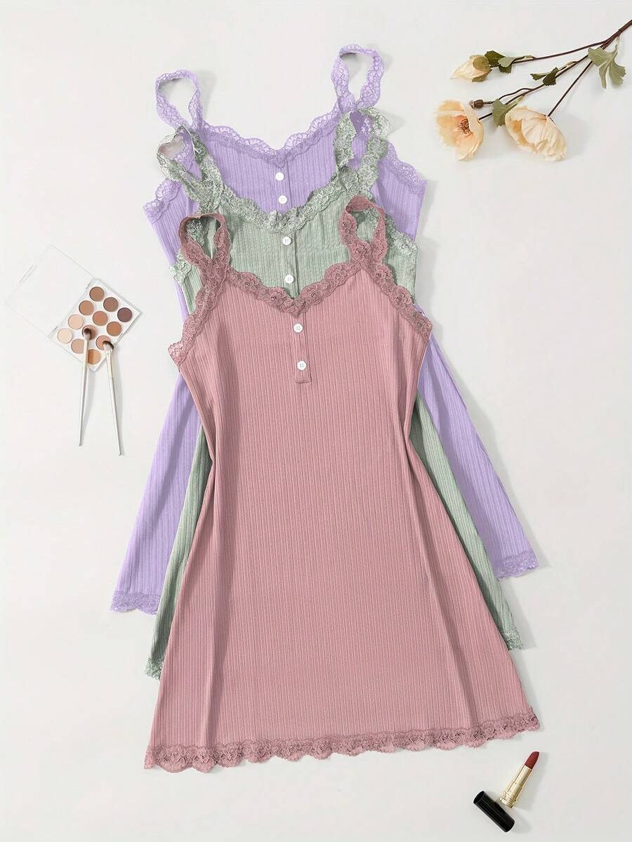 3pcs Women Casual Elegant Ribbed Backless Camisole Pajama Set, Sexy Nightgown And Dress, Suitable For Valentine's Day Gift - Multicolor - View 1