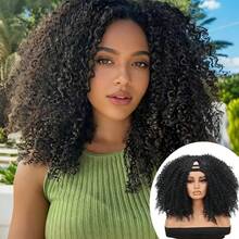 باروكة شعر مجعد على شكل V للنساء، باروكة شعر مجعد أفرو مجعد بطول 16 بوصة، باروكة شعر مجعد اصطناعي أسود كيكي - الأسود - مشاهدة 3
