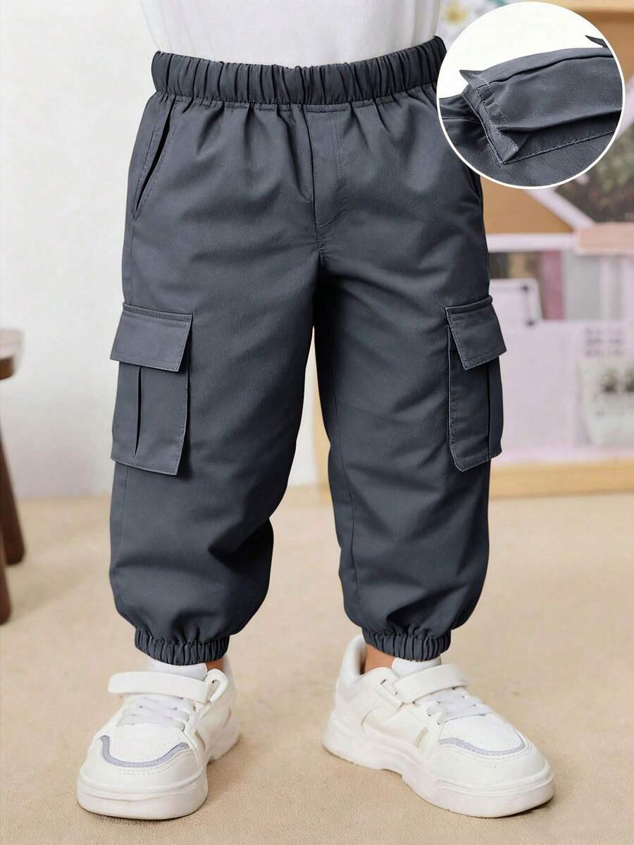 1件男婴休闲纯色弹力腰工装裤，适合春秋季户外穿着 - 深灰色 - 查看 1