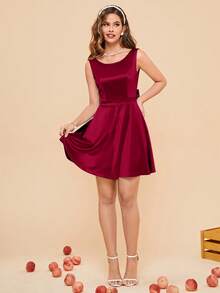 Glamorous Vintage Satin Mini Cocktail Dress With Backless Bow Detail Sleeveless Round Neck Flared For Women - Red - View 2