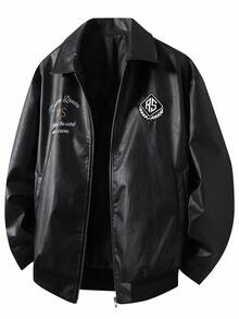 Rich Soon" Embroidered Leather Jacket, Retro American Style Lapel Zipper Jacket, Niche Design High Street Autumn/Winter Top - Black - View 3