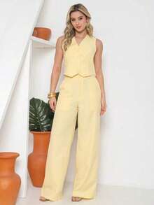 Tailored Suit Set: Vest With Dress Pants, Fashionable. - Yellow - View 1