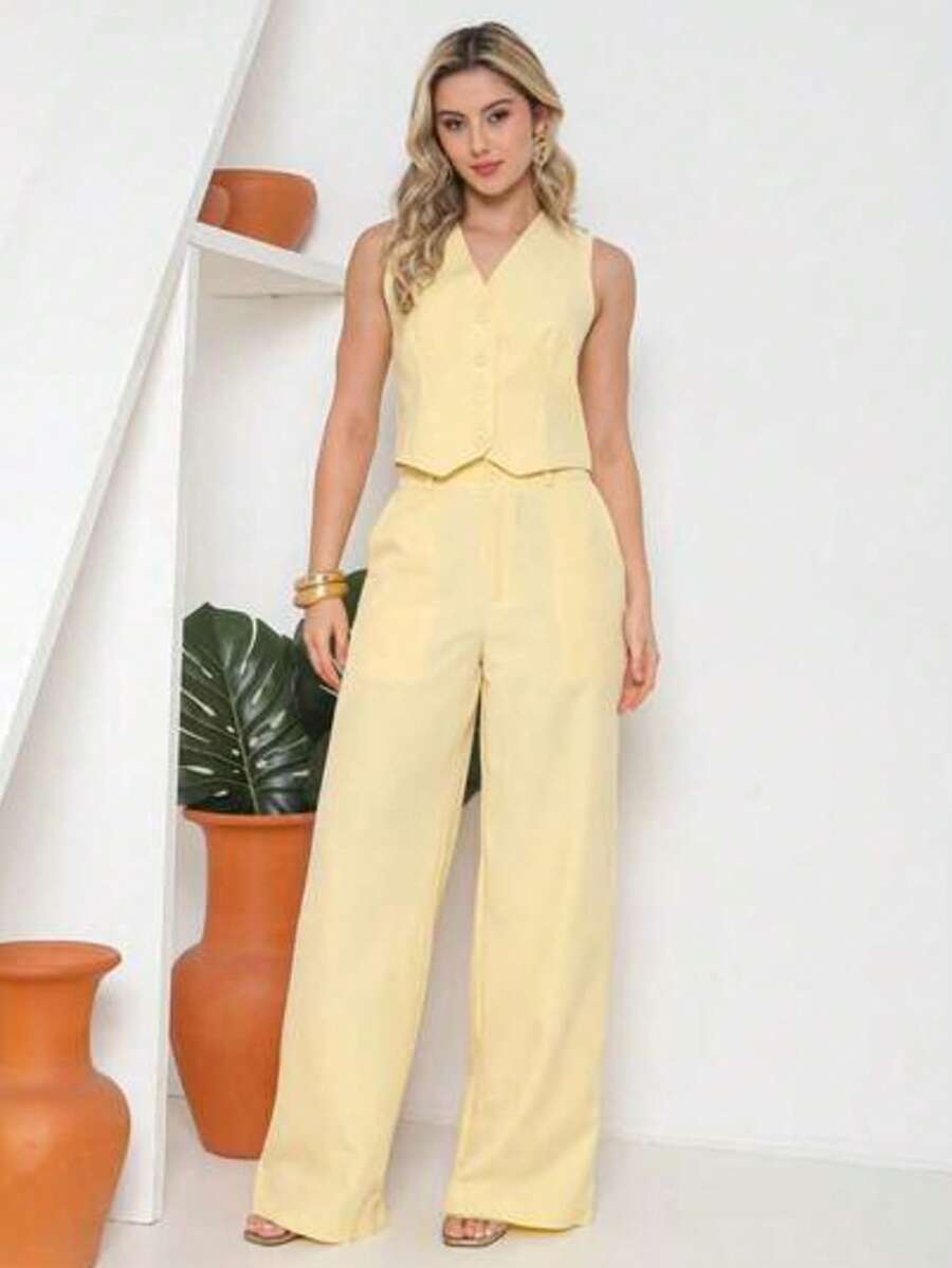 Tailored Suit Set: Vest With Dress Pants, Fashionable. - Yellow - View 1