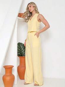 Tailored Suit Set: Vest With Dress Pants, Fashionable. - Yellow - View 3