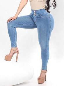 Petite Women's Casual Slim-Fit Denim Long Dress With High Elasticity And Button Details. The Slim Fit Is Suitable For Everyday Wear. - Blue - View 4