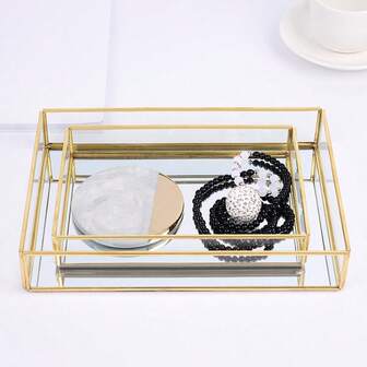 1pc Rectangular Glass Tray, Cosmetic & Jewelry Display Plate, Gold
