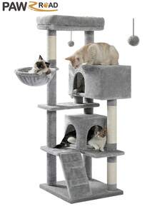 PAWZ Road Cat Tree For Large Cats With Super Large Top Platform, [56.3"=143cm] Tower For Indoor Cats With Hammock And Sleeping Bag, Cat Shelves With Scratching Posts And 2 Houses - Grey - View 7