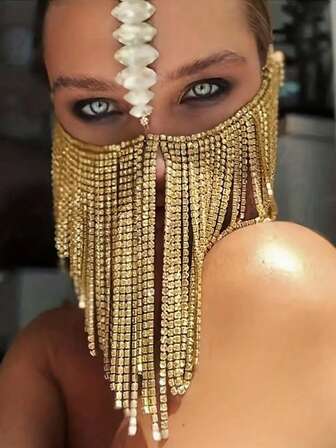 1pc Multi-Layer Crystal Rhinestone Tassel Mask, Luxury Party Decoration Accessory For Women