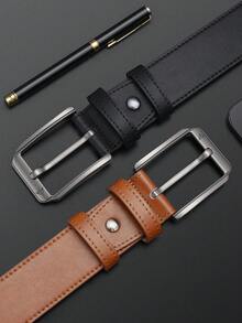 WilliamPOLO 男士纯色复古休闲 PU 皮革针扣腰带，3.8 厘米宽，适合所有季节