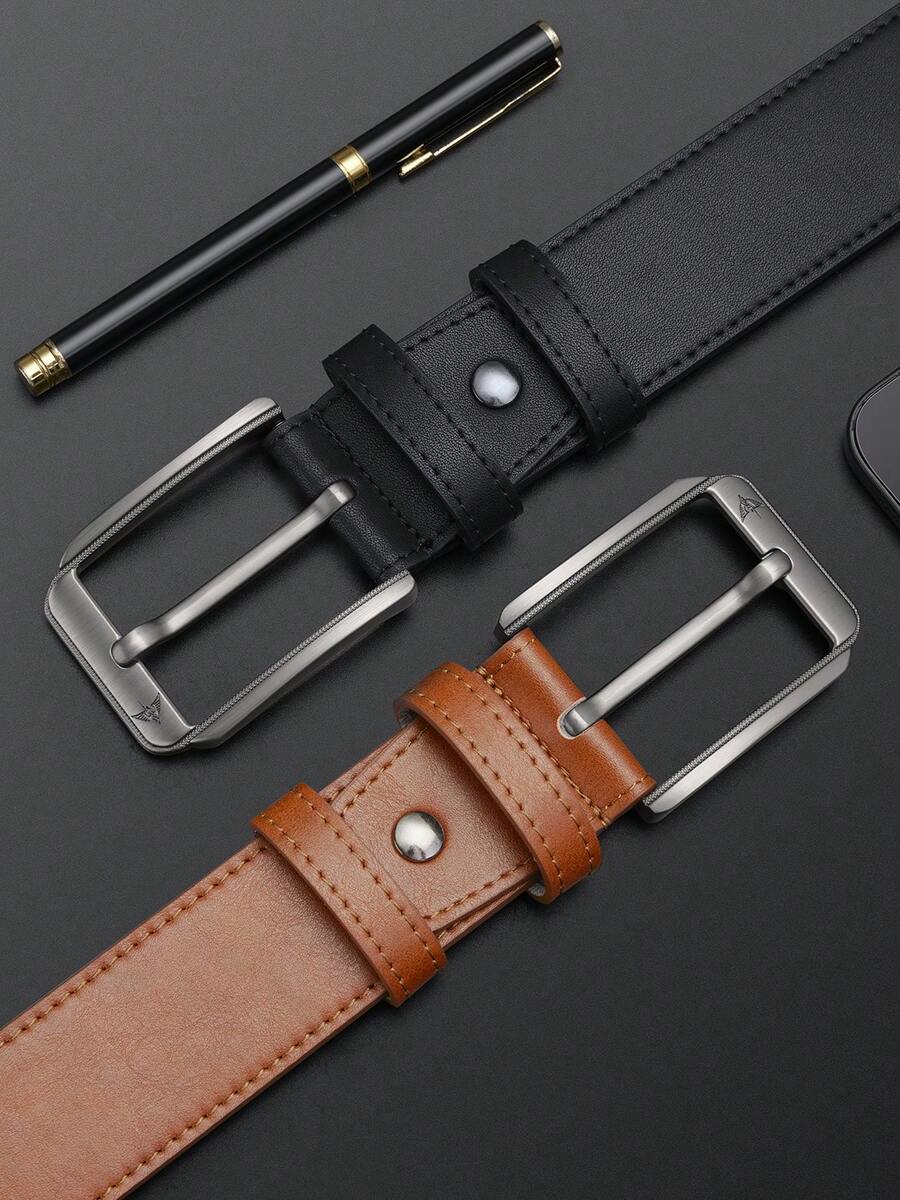 WilliamPOLO 男士纯色复古休闲 PU 皮革针扣腰带，3.8 厘米宽，适合所有季节