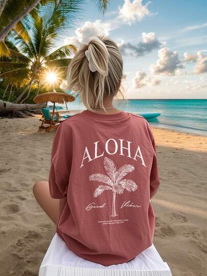 Women's Palm Tree Slogan Print Casual Round Neck Short Sleeve T-Shirt, Fashionable Resort Style, Your Daily Essential Item. Women's Printed T-Shirt, Perfect For Vacation.
