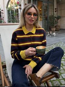 HH Women's Spring Colorblock Striped Knit Pullover, Women's Loose Fit Turtleneck Long Sleeve Sweater, Retro Fashion Top - 黃色 - 查看 2