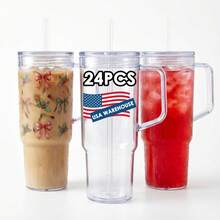 24 Clear 40oz Plastic Mugs With Lids And Straws, Christmas UV DTF Gift, Blank Acrylic Coffee Mugs With Handles, Suitable For Juice, Milk, Milkshakes, And Soft Drinks, Clear 40oz Reusable Leak-Proof Acrylic Drinking Cups, Valentine's Day Gift - 24 chiếc trong suốt - Xem 1