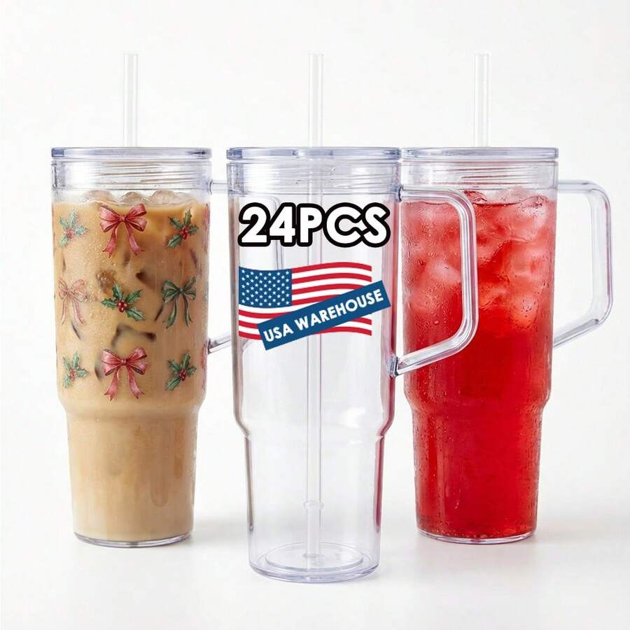 24 Clear 40oz Plastic Mugs With Lids And Straws, Christmas UV DTF Gift, Blank Acrylic Coffee Mugs With Handles, Suitable For Juice, Milk, Milkshakes, And Soft Drinks, Clear 40oz Reusable Leak-Proof Acrylic Drinking Cups, Valentine's Day Gift - 24 chiếc trong suốt - Xem 1