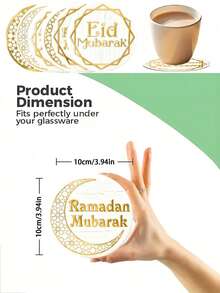 6个装木质杯垫，印有金色“斋月吉祥”、“斋月快乐”、“开斋节快乐”字样，金色日月图案，可用作开斋节和斋月餐桌装饰、饮料杯垫、酒杯垫、装饰品、斋月装饰用品、节日和派对用品。
