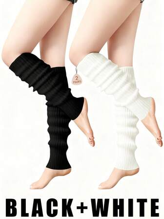 1/2 Pairs Women's Ribbed Thigh-High Socks - Black & White Soft Knit Over-The-Knee Leg Warmers | Stretchy Slouchy Casual Socks For Daily Wear, Cozy Elastic Socks With Comfort Fit, Versatile Solid Color Socks For Women - Lightweight & Breathable Design