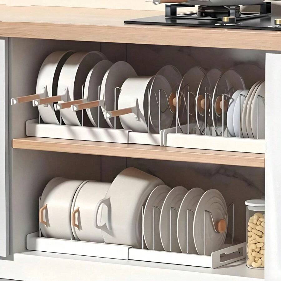 Expandable Pot And Pan Organizer Rack - 7 Stainless Steel Adjustable Dividers For Kitchen Cabinet Organizer & Storage, Durable And Rust Resistant - trắng - Xem 1