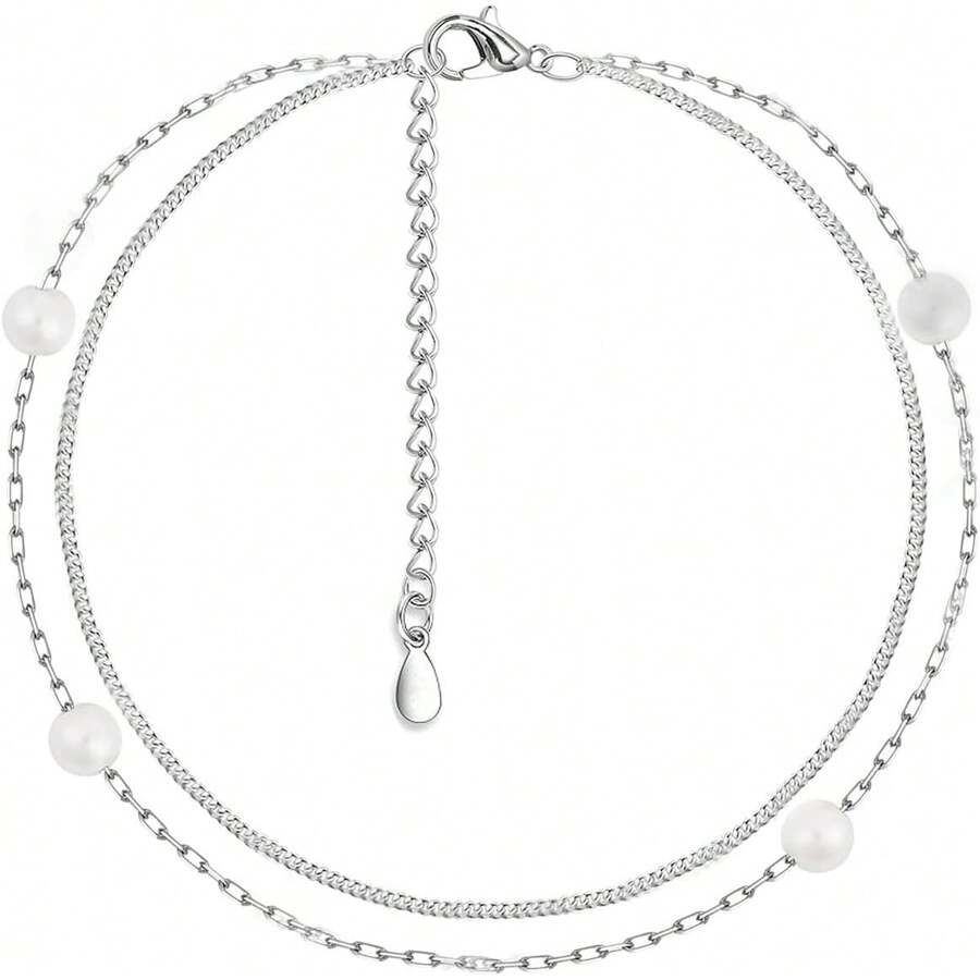 Pulseras Mujer Plata de Perlas, Pulsera de Cadena Ligeros Chapadas en Plata 925 Brazalete Blanco Perlas Delicadas Atractivos regalos de Moda para mujer - 1 - Ver 1
