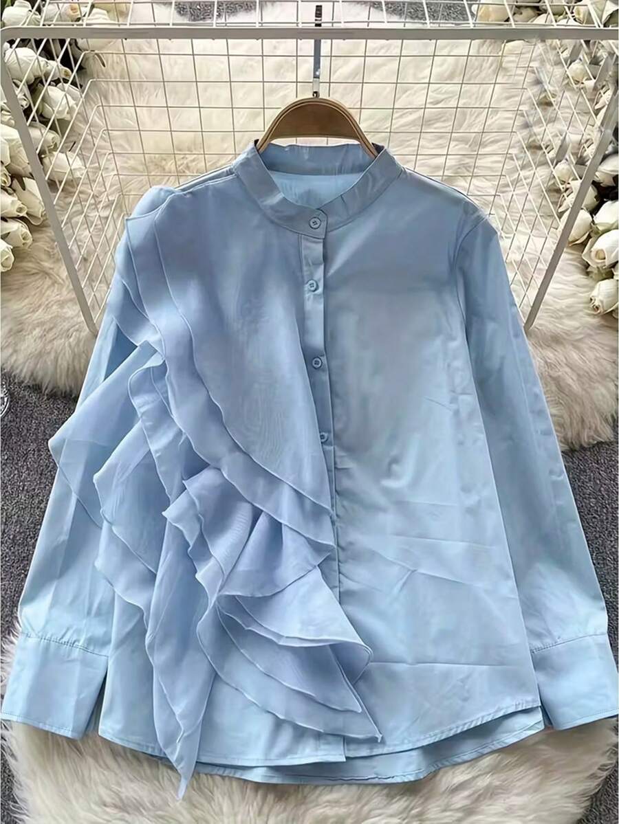 Women's Business/Commute Fashion Shirt, Irregular Design With Ruffle Collar, Long Sleeve Blouse In Solid Woven Fabric, Asymmetric/Irregular Pleated Ruffle Front Button, Elegant For Office, Daily, Date, Spring/Summer