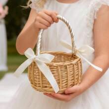 Cesta de flores tejida, elegante, rústica, con lazos, de gran capacidad, ligera y portátil para almacenamiento. - Blanco - Ver 2