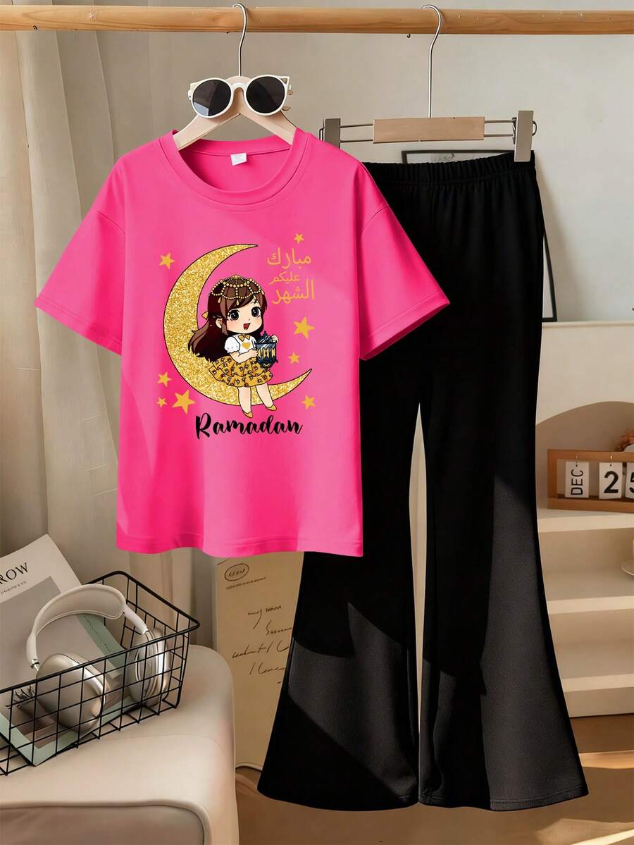 This Casual Set Is Designed For Young Girl And Features A Unique Crescent Moon Print. The Set Includes A Fuchsia Short-Sleeved Crew Neck T-Shirt And Mid-Rise Flared Trousers, Perfect For Summer Wear - Hot Pink - View 1