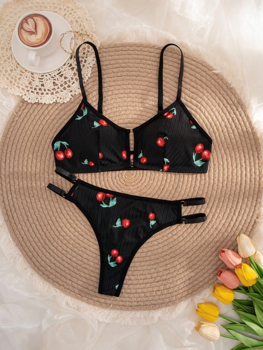 1 套女士纯色樱桃印花舒适内衣套装 - 黑色 - 查看 1